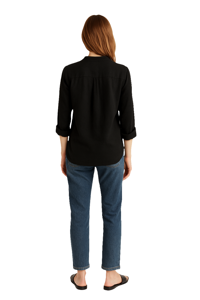 Women’s Black Cotton Shirt with Mandarin Collar & Utility Pockets