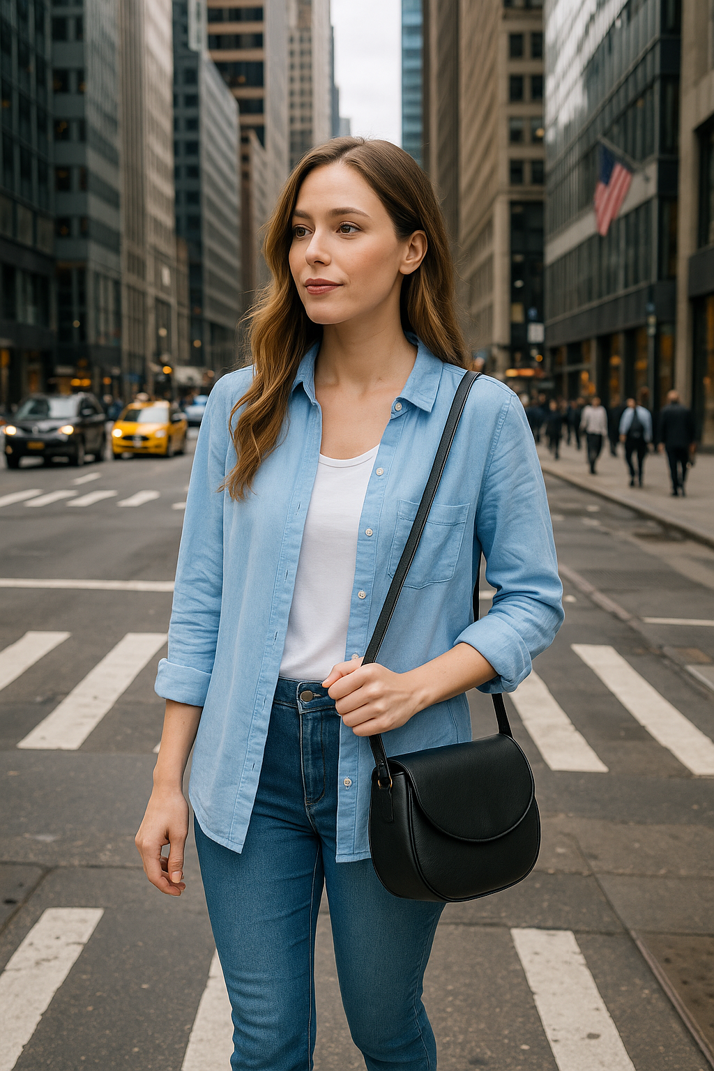 Classic Light Blue Cotton Shirt with Mandarin Collar & Utility Pockets