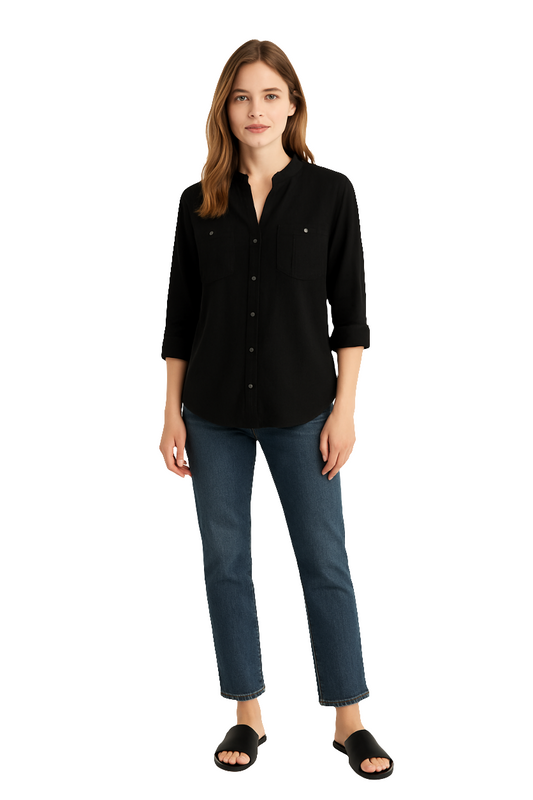 Women’s Black Cotton Shirt with Mandarin Collar & Utility Pockets