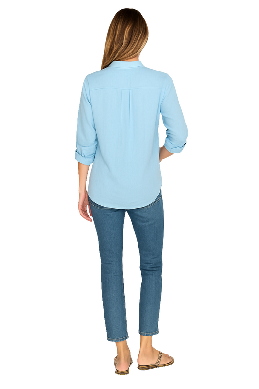Classic Light Blue Cotton Shirt with Mandarin Collar & Utility Pockets