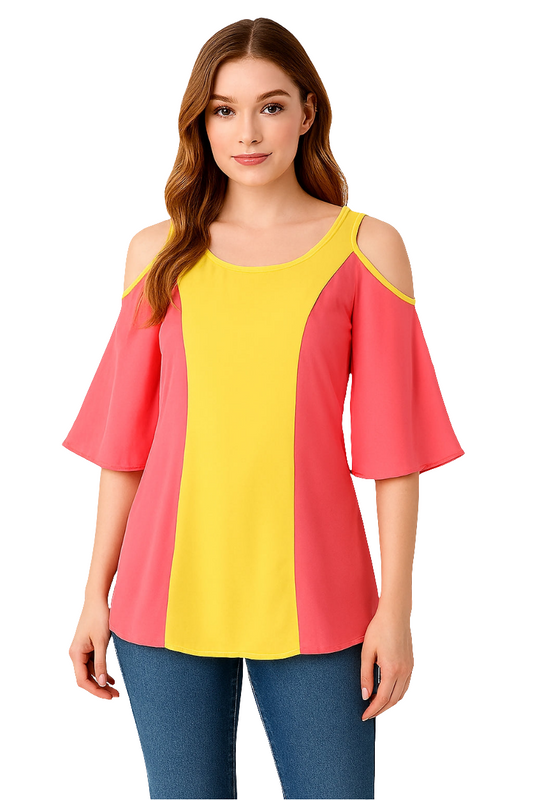 Colorblock Cold Shoulder Flared Sleeve Top