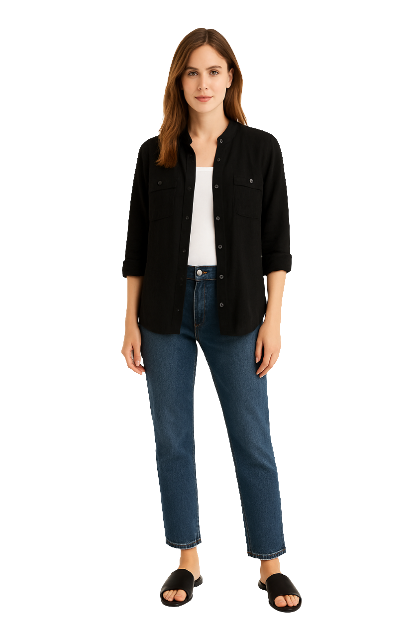 Women’s Black Cotton Shirt with Mandarin Collar & Utility Pockets