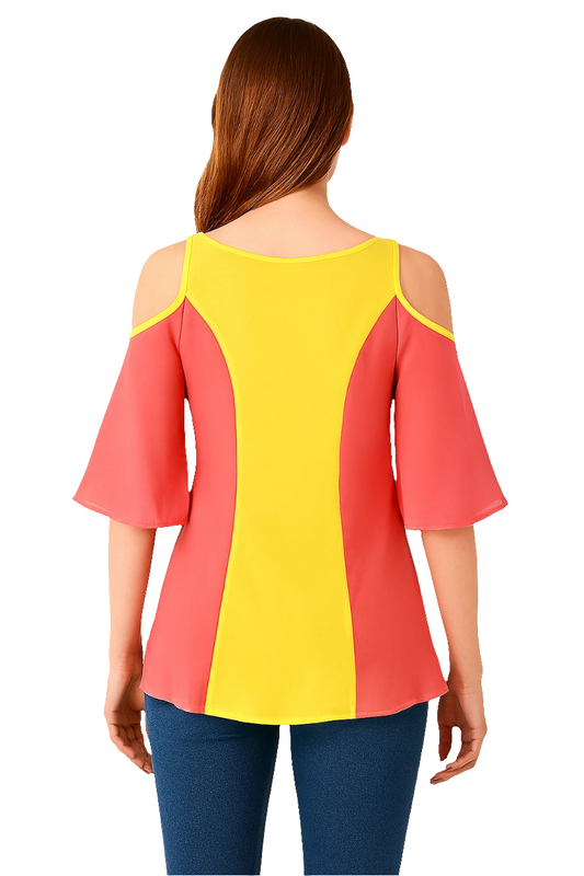 Colorblock Cold Shoulder Flared Sleeve Top