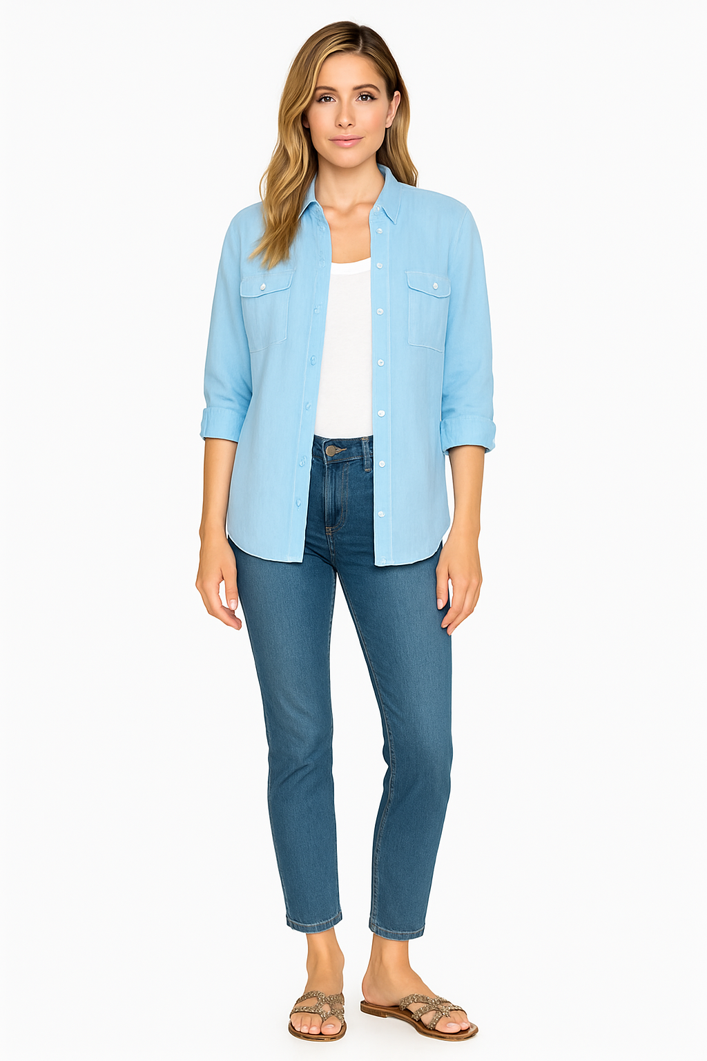Classic Light Blue Cotton Shirt with Mandarin Collar & Utility Pockets