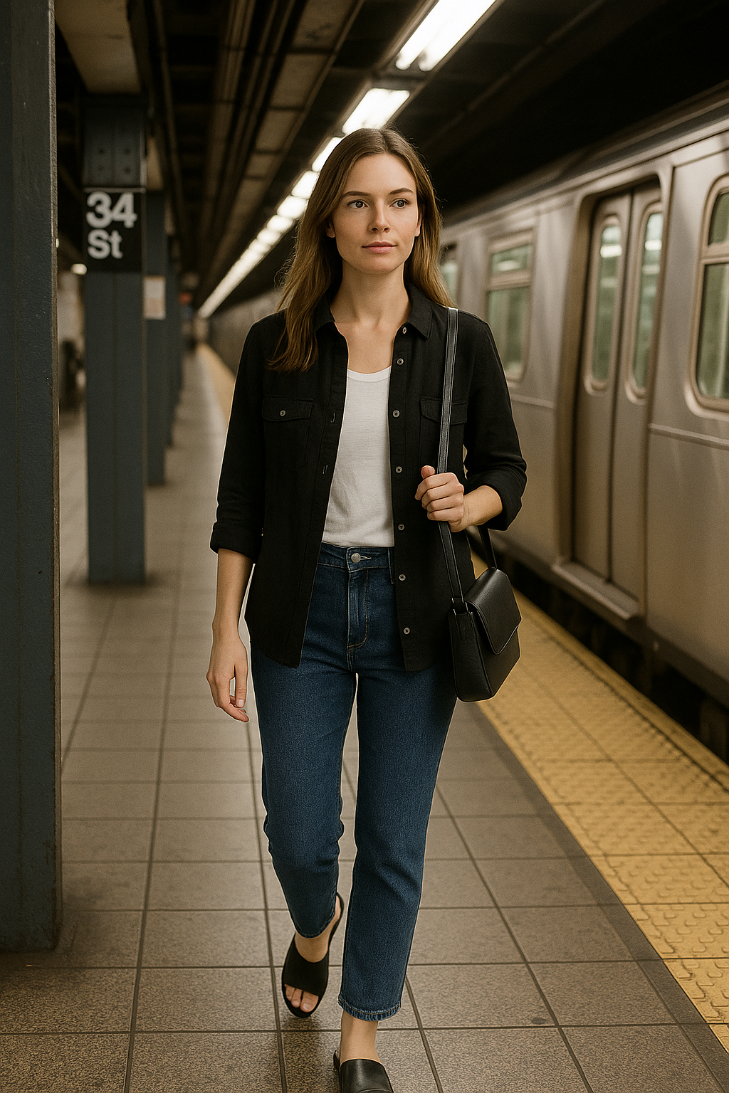 Women’s Black Cotton Shirt with Mandarin Collar & Utility Pockets
